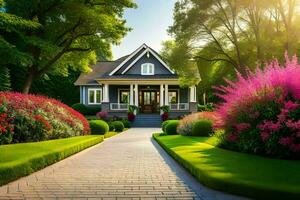 a beautiful house with a driveway and flowers in the front yard. AI-Generated photo