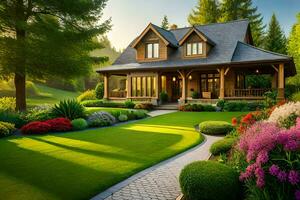 a beautiful home with a lawn and flowers. AI-Generated photo