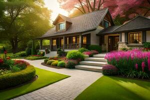 un hermosa casa con un hermosa jardín. generado por ai foto