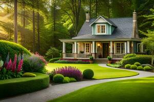 un hermosa jardín con un casa en el medio. generado por ai foto