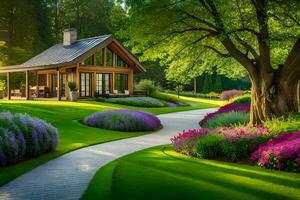 a beautiful garden with a house and flowers. AI-Generated photo