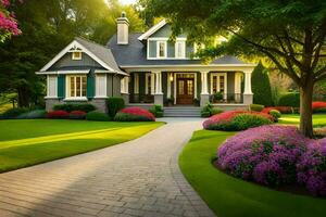 a beautiful house with a beautiful lawn and flowers. AI-Generated photo