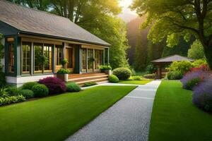 un hermosa jardín con un casa y césped. generado por ai foto