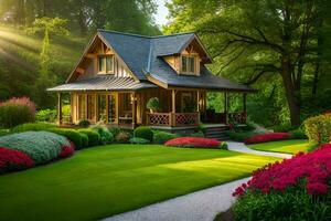 a small cottage in the middle of a lush green lawn. AI-Generated photo