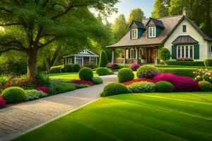 beautiful landscape with a house and garden. AI-Generated photo