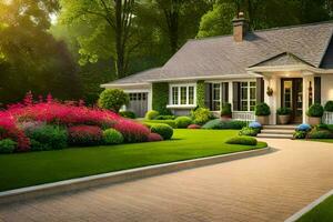 a beautiful home with a driveway and landscaping. AI-Generated photo