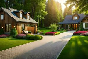 a beautiful home with a driveway and landscaping. AI-Generated photo