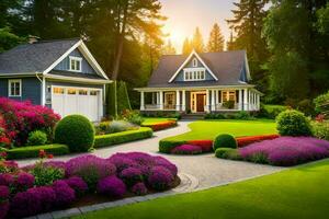 hermosa paisaje con casa y jardín a puesta de sol. generado por ai foto