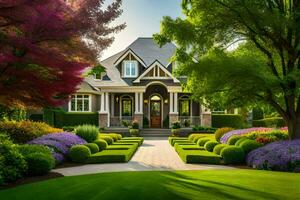 a beautiful home with lush green lawn and trees. AI-Generated photo