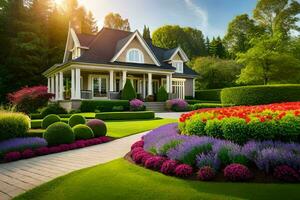 hermosa paisaje con un casa y jardín. generado por ai foto