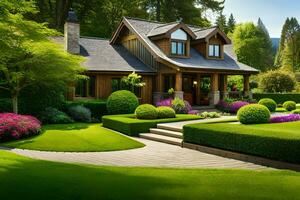 un hermosa hogar con lozano verde césped y arboles generado por ai foto