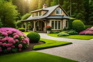 beautiful garden with house and flowers in the forest. AI-Generated photo