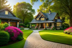 a beautiful home with a driveway and lawn. AI-Generated photo