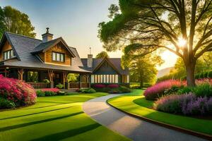a beautiful house with a garden and lawn. AI-Generated photo