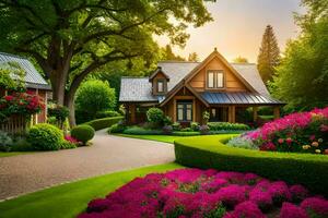 hermosa casa con flores y arboles en el jardín. generado por ai foto