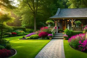 hermosa jardín con flores y arboles generado por ai foto