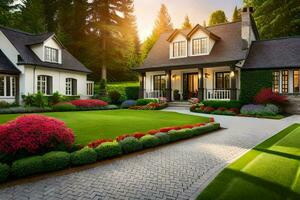 a beautiful home with a beautiful lawn and landscaping. AI-Generated photo
