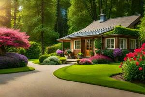 a small house surrounded by flowers and trees. AI-Generated photo