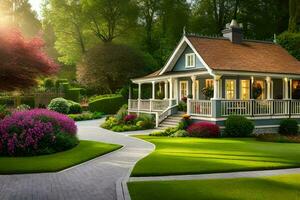 a beautiful house in the middle of a lush green field. AI-Generated photo