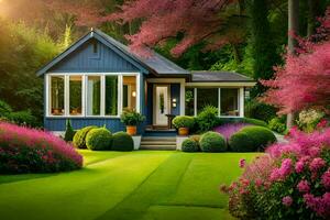 a small blue house surrounded by pink flowers. AI-Generated photo