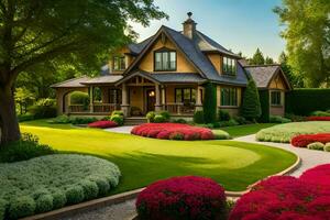 un hermosa hogar con un jardín y flores generado por ai foto