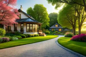 a beautiful house with a pathway leading to it. AI-Generated photo