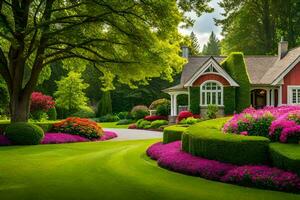 un hermosa casa con vistoso flores y arboles generado por ai foto