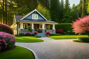 a beautiful house with a driveway and flowers. AI-Generated photo