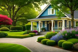 a beautiful house with a beautiful garden and shrubs. AI-Generated photo