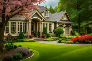 a beautiful home with a beautiful lawn and trees. AI-Generated photo