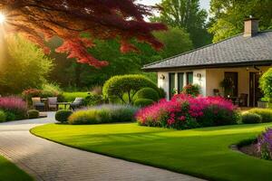 un hermosa jardín con vistoso flores y arboles generado por ai foto