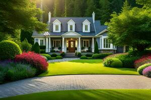 a beautiful home with lush green lawn and flowers. AI-Generated photo