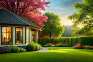 a beautiful garden with a house and trees. AI-Generated photo