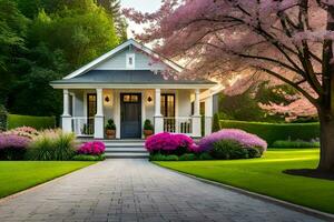 un pequeño casa con rosado flores en frente de él. generado por ai foto