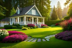 a beautiful garden with flowers and a house. AI-Generated photo