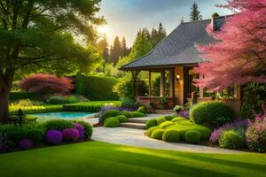 hermosa jardín paisaje diseño. generado por ai foto