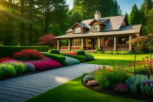 beautiful garden with house and flowers in the morning. AI-Generated photo