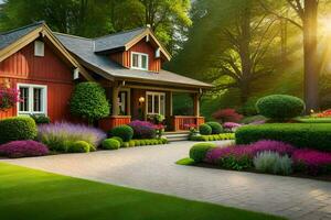 un rojo casa con un jardín y flores generado por ai foto