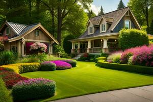 a beautiful lawn with flowers and shrubs. AI-Generated photo