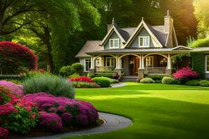 beautiful landscape with a house and flowers. AI-Generated photo