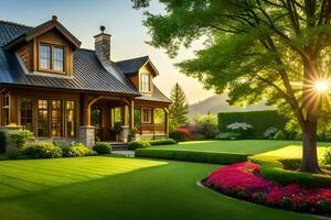 a beautiful home with lush green lawn and trees. AI-Generated photo