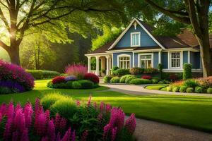 beautiful landscape with house and flowers in the morning. AI-Generated photo