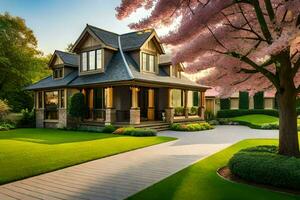 a beautiful house with a beautiful lawn and trees. AI-Generated photo