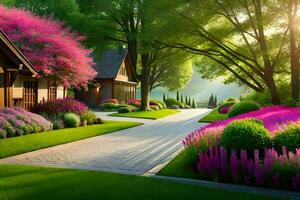 a beautiful garden with flowers and trees. AI-Generated photo