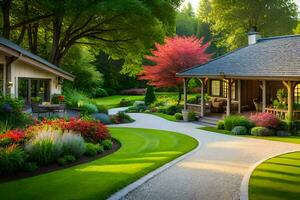 un hermosa jardín con un pasarela y césped. generado por ai foto