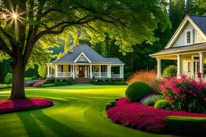 a beautiful lawn with a house and trees. AI-Generated photo