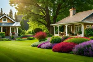 un hermosa jardín con vistoso flores y un casa. generado por ai foto