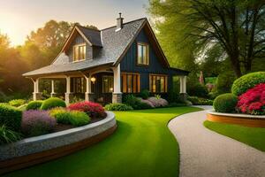 un hermosa casa con un jardín y césped. generado por ai foto