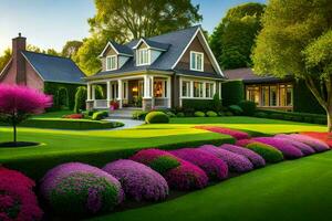 un hermosa jardín con vistoso flores y un casa. generado por ai foto