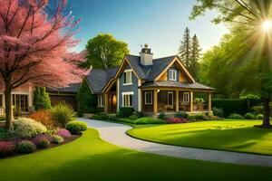 a beautiful house with a beautiful lawn and trees. AI-Generated photo